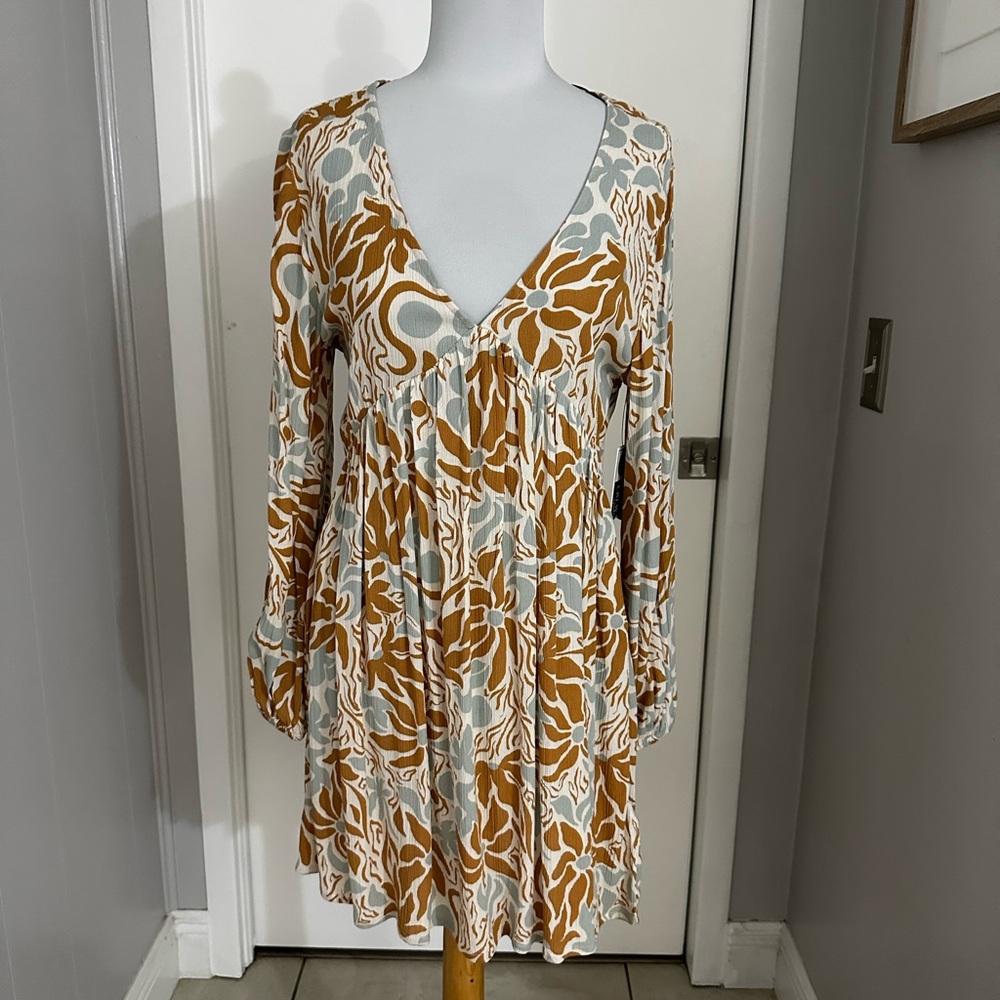 Salty Crew Long Sleeve Dress in Brown and White